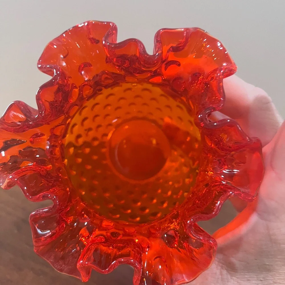 Vtg Fenton Red Orange Hobnail Glass Ruffled‎ Rose Bowl Vase Mid Century Modern
